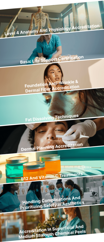 Infographic - Describing the certifications you will earn with this course. They are:

- Level 4 Anatomy and Physiology accreditation
- Basic life support certification
- Foundation Anti-wrinkle & Dermal filler accreditation
- Fat Dissolving techniques
- Dermal planning accreditation
- B12 and Vitamin C treatments
- Handling complications and prioritizing safety in aesthetics
- Accreditation in superficial and medium strength chemical peels
